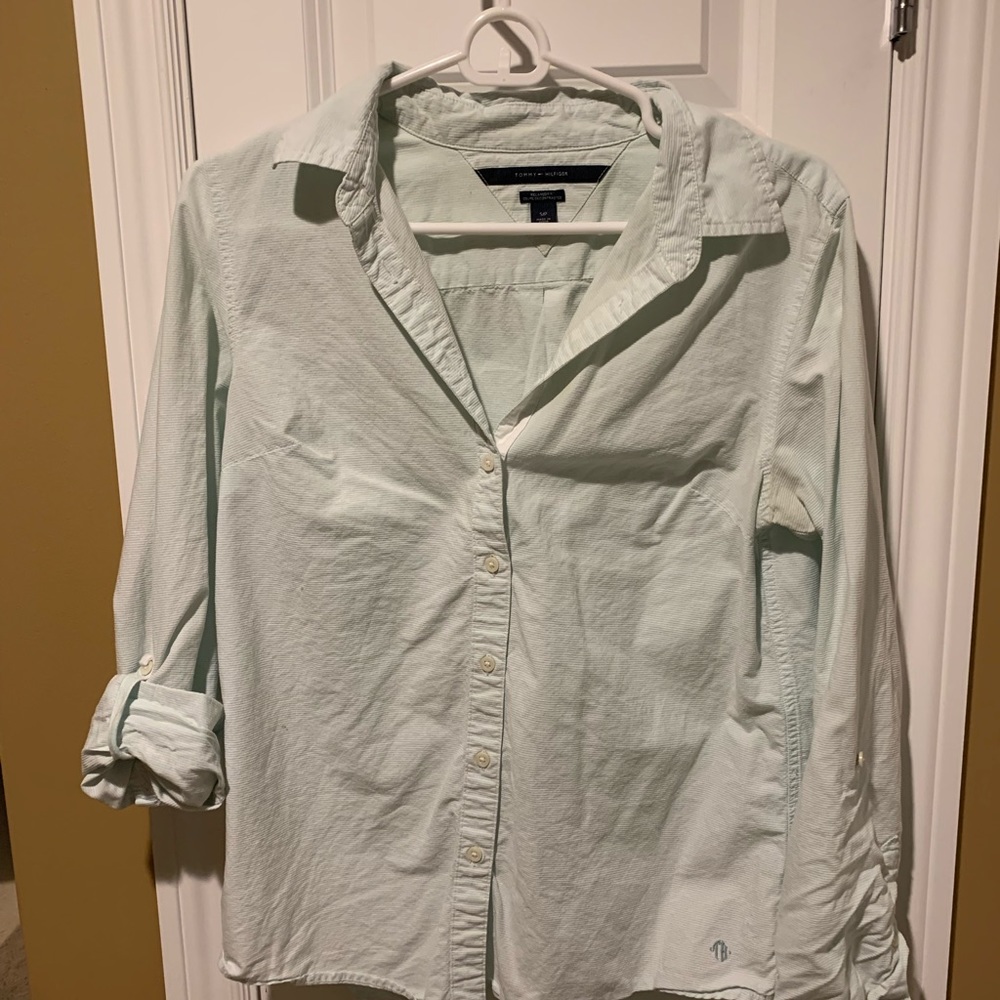 Teal and white striped women’s button down • size small • Tommy Hilfiger